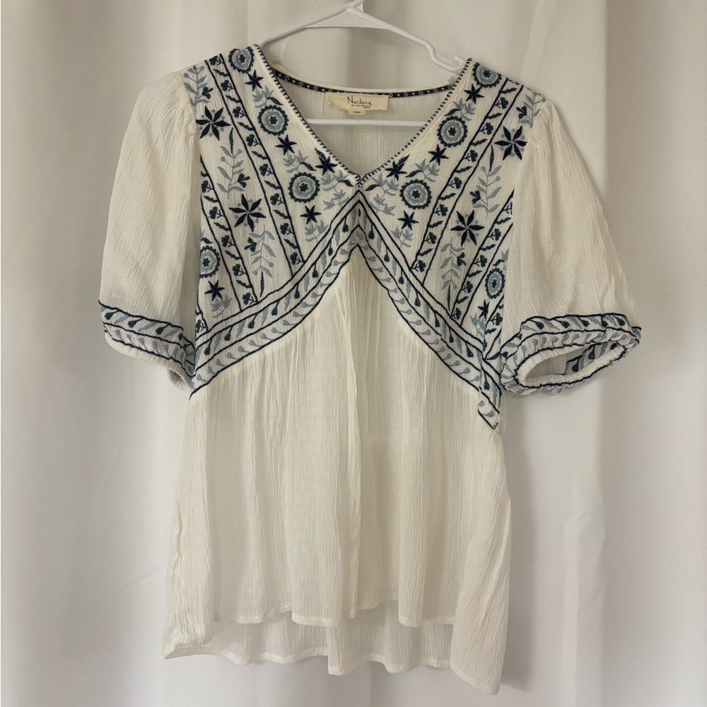 White and Blue Embroidered Women's Top